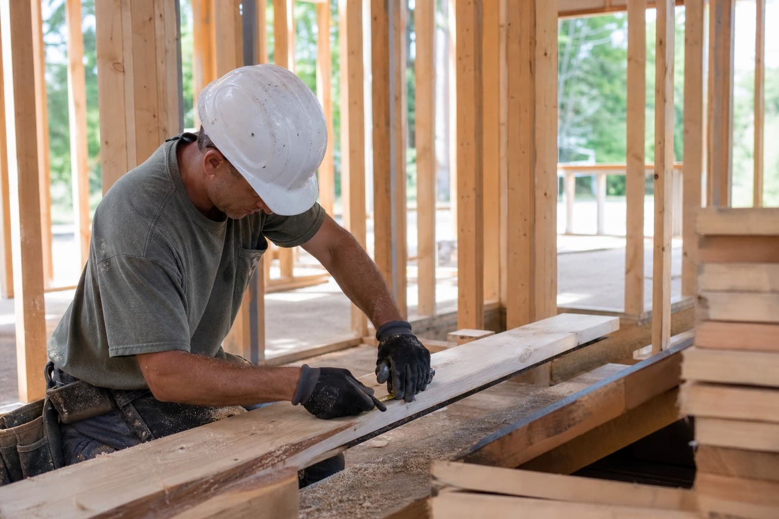 Contractor measuring lumber on an active residential job site