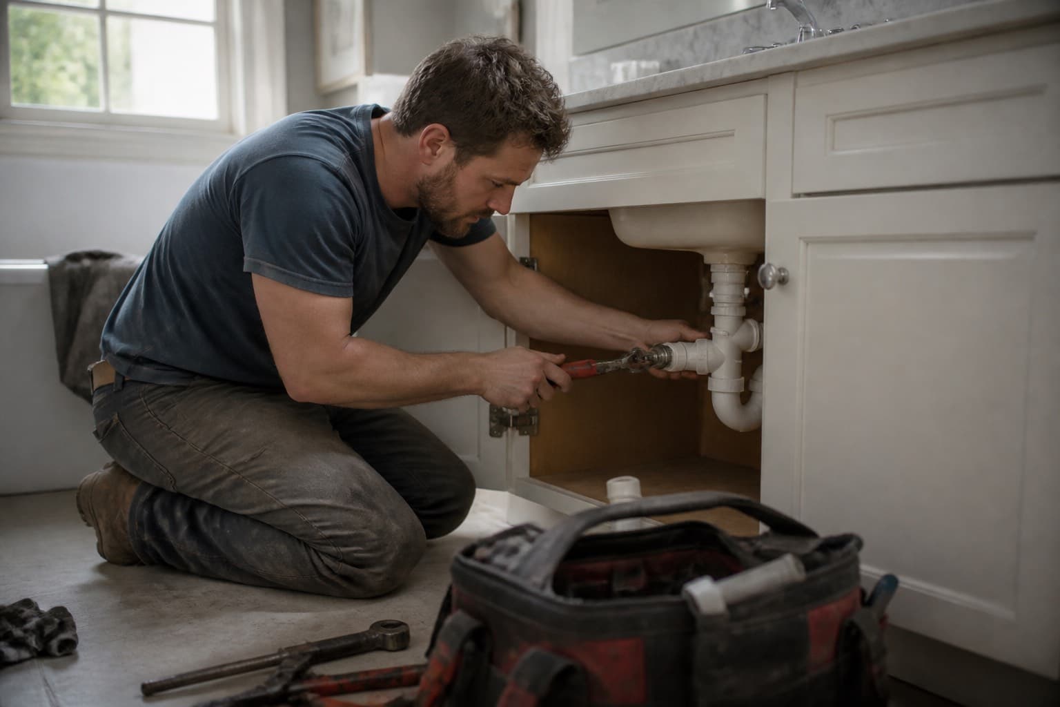 Plumber kneeling under a bathroom sink, both hands on the pipes