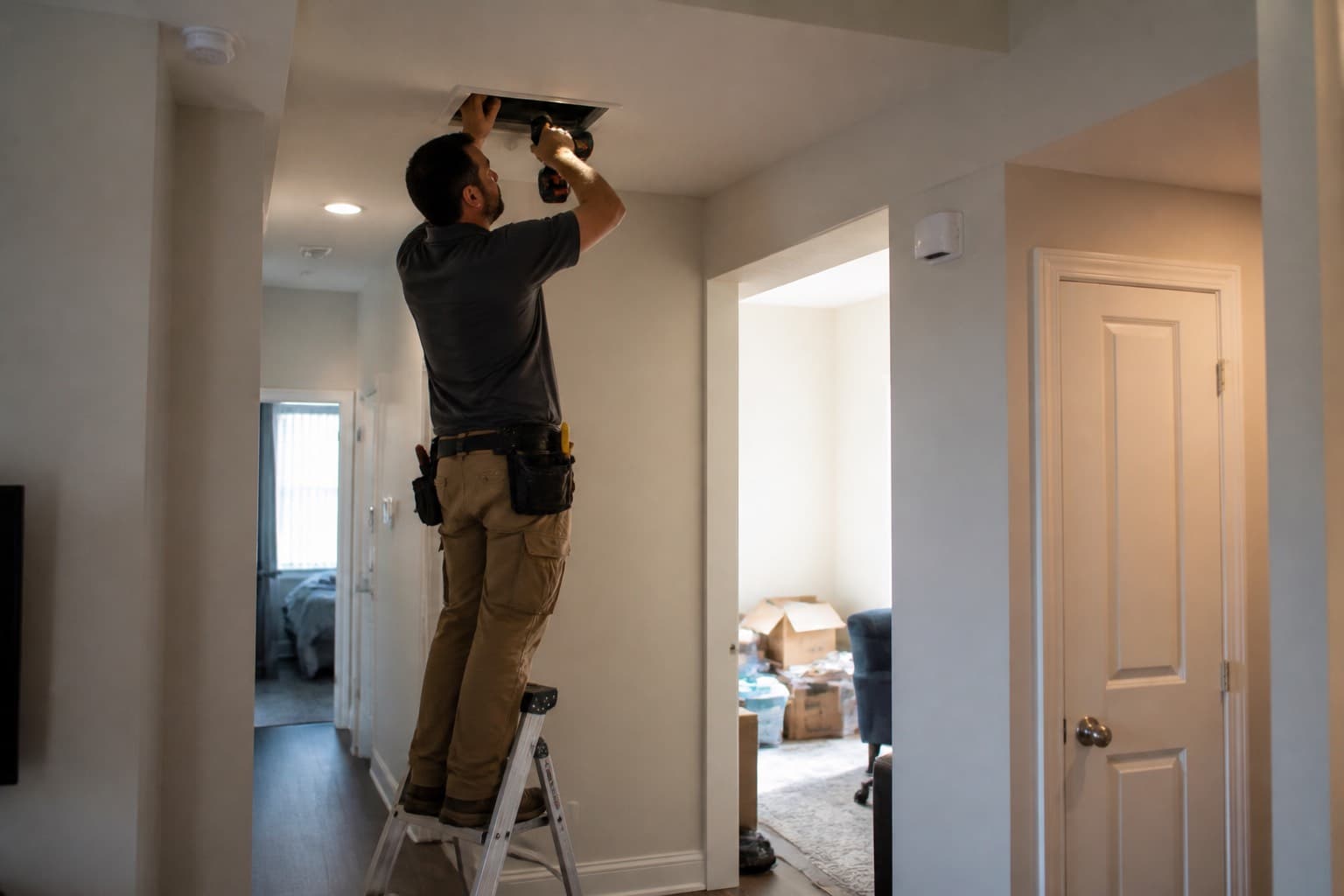 Property technician on a ladder repairing a ceiling light in an apartment