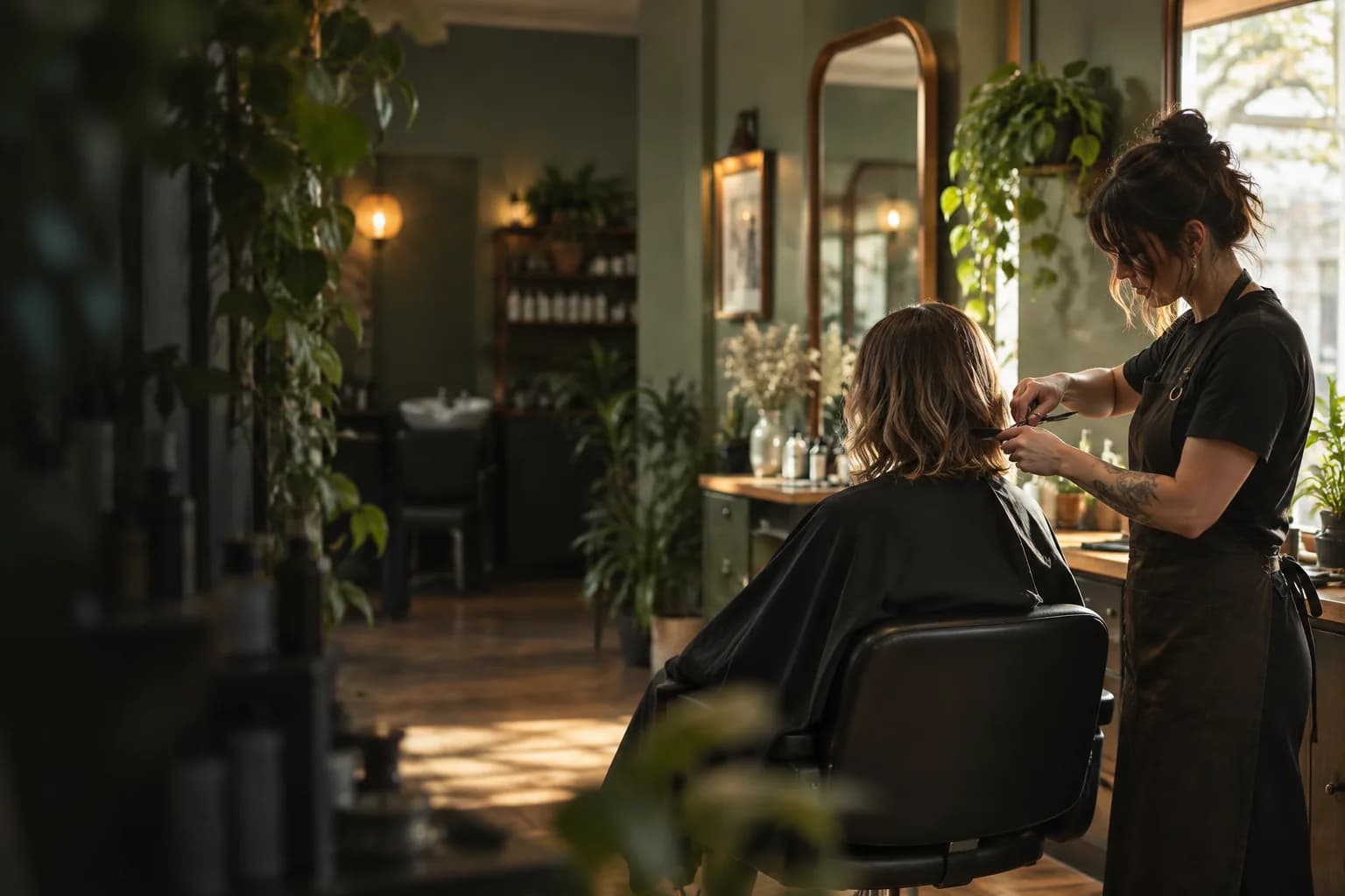 Salon professionals preparing styling stations and reviewing a schedule in a small neighborhood hair salon