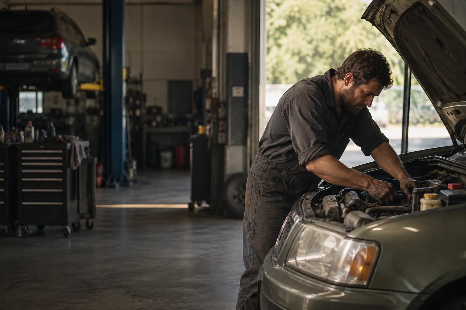 Mechanics and a service adviser discussing a vehicle beside a workbench in a small independent garage
