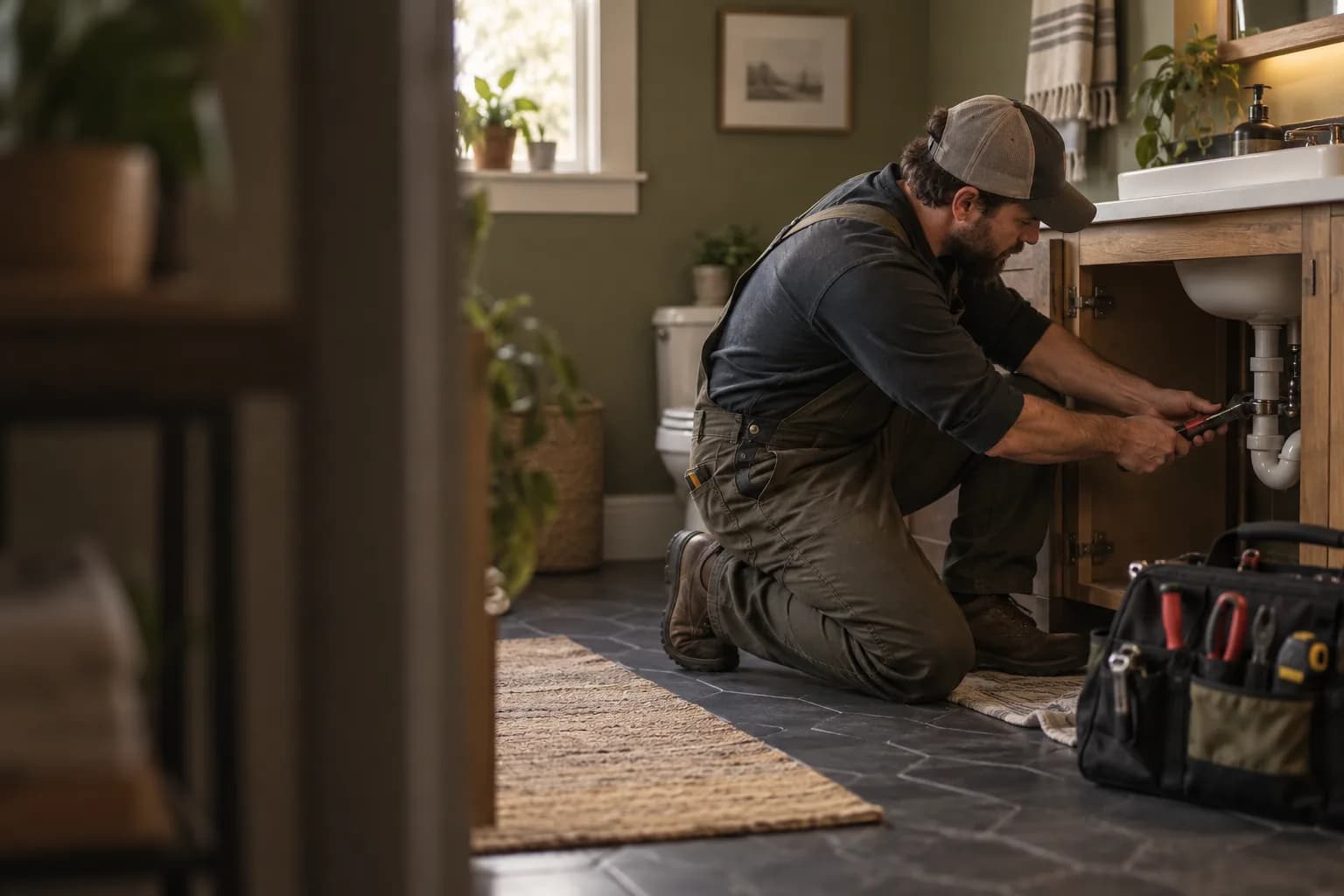 An independent plumber focused on a repair in a customer's home