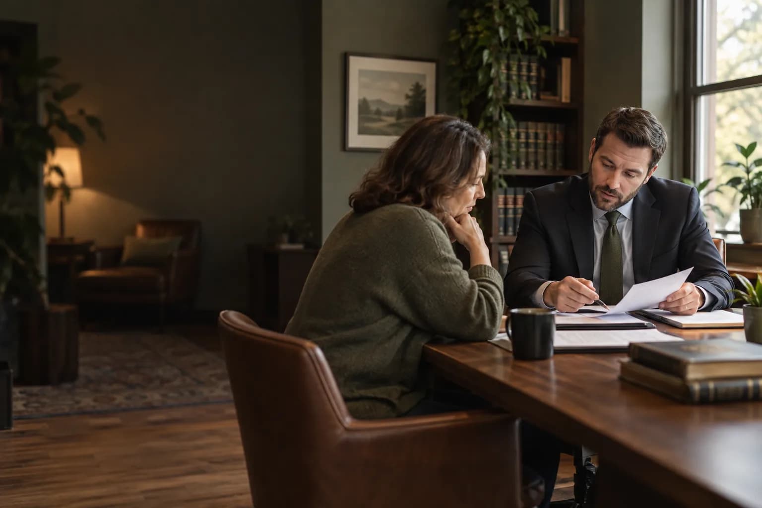 Law office professionals reviewing a meeting schedule and closed folders in a small legal practice